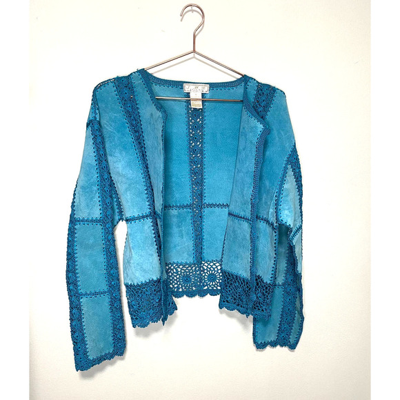 Boho Turquoise Suede Leather and Crochet Button Up Long Sleeve Jacket size XL - Picture 6 of 7